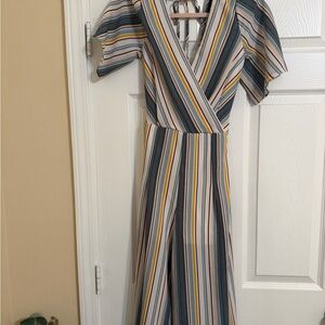 Striped V-Neck Jumpsuit in Blue, Yellow & Cream